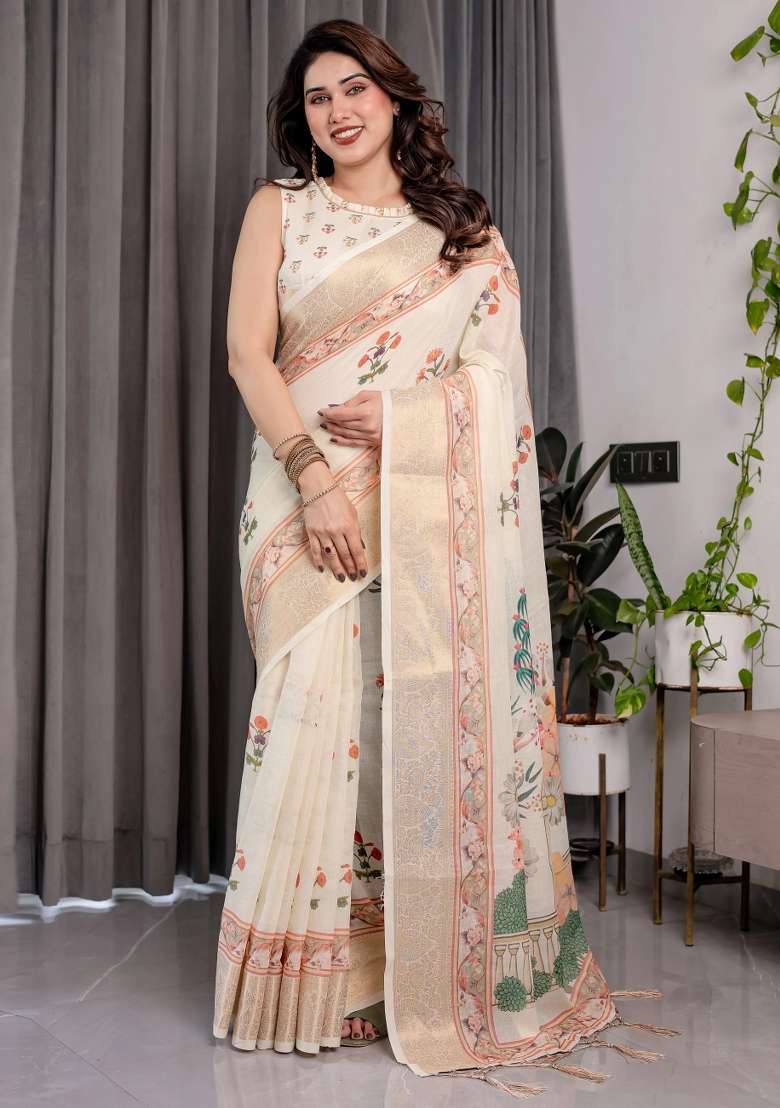 Cream Embroidered Linen Saree Set - Indya