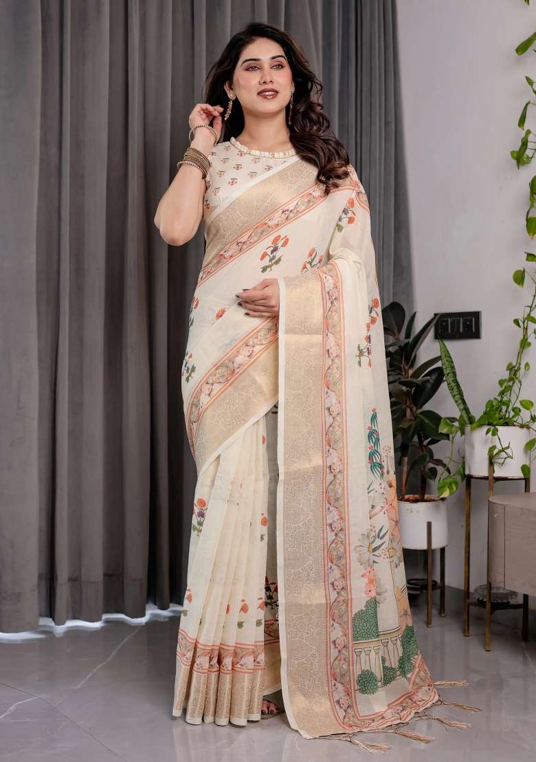 Cream Embroidered Linen Saree Set - Indya