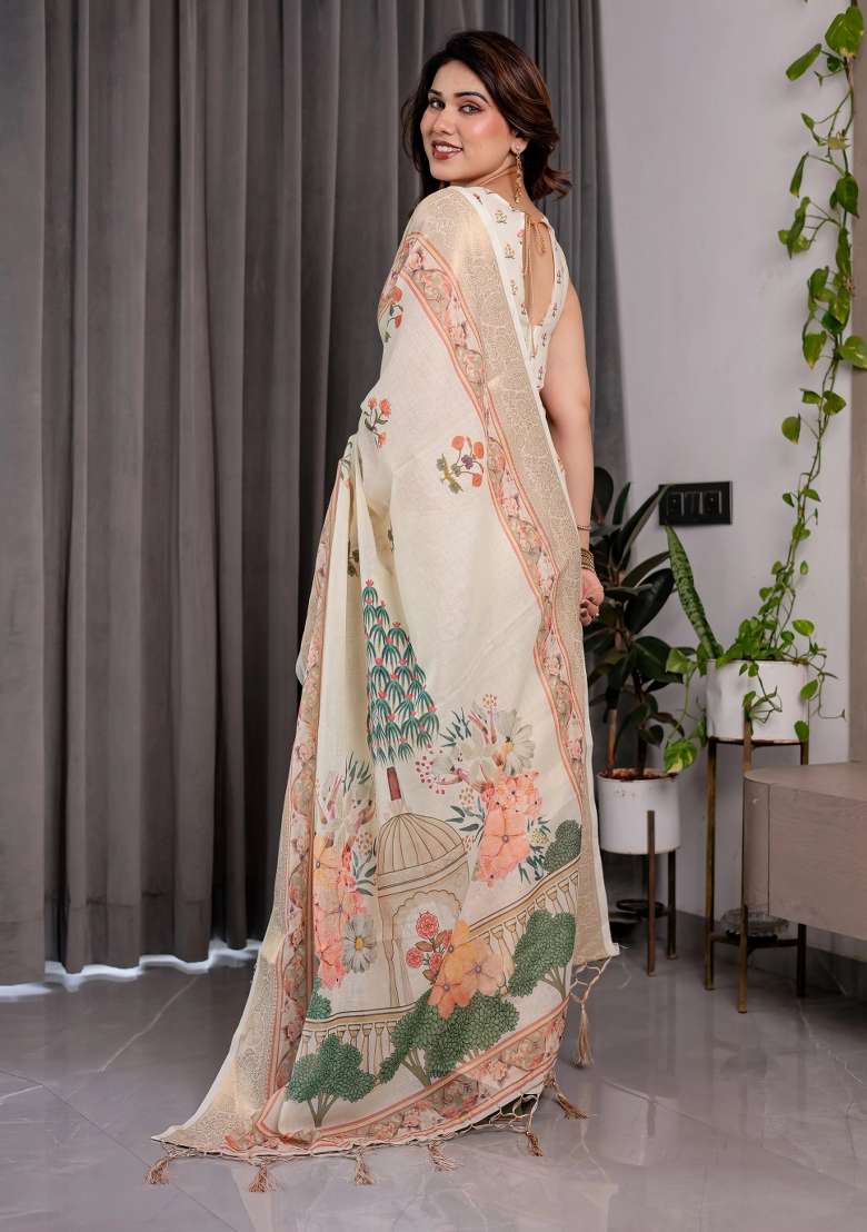 Cream Embroidered Linen Saree Set - Indya