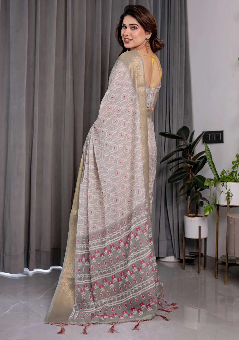 Pink Embroidered Linen Saree Set - Indya