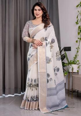 White Embroidered Linen Saree Set