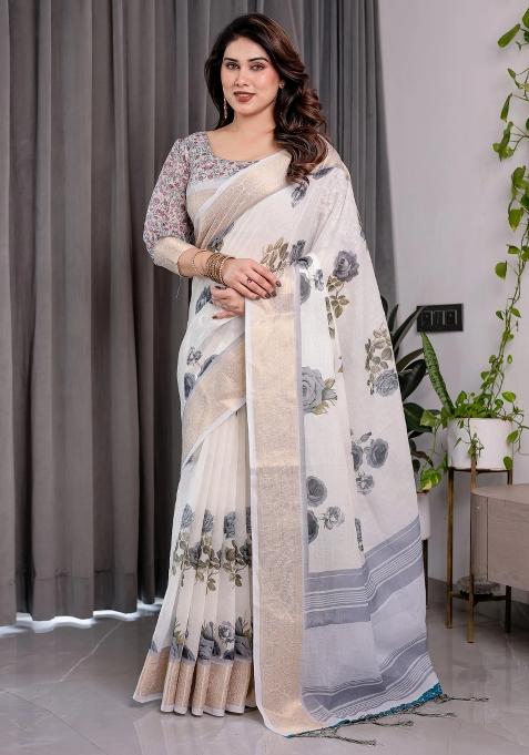 White Embroidered Linen Saree Set