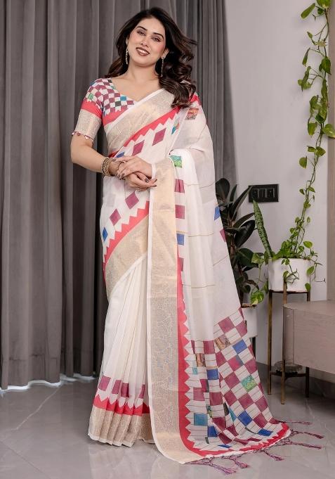 White Embroidered Linen Saree Set
