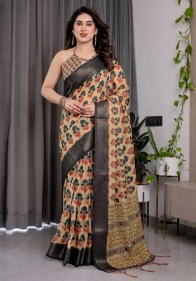 Beige Embroidered Linen Saree Set