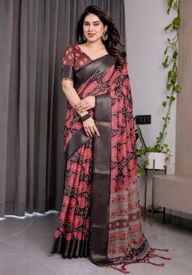 Rust Embroidered Linen Saree Set