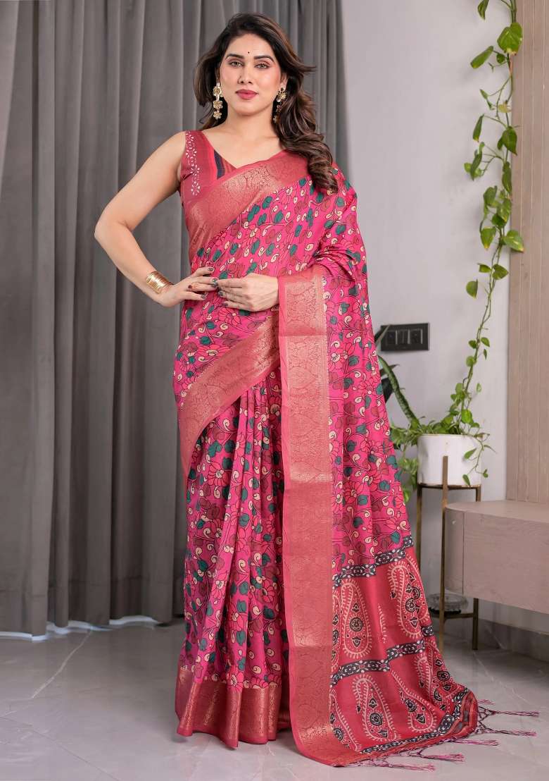 Pink Embroidered Linen Saree Set - Indya