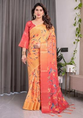Orange Embroidered Linen Saree Set
