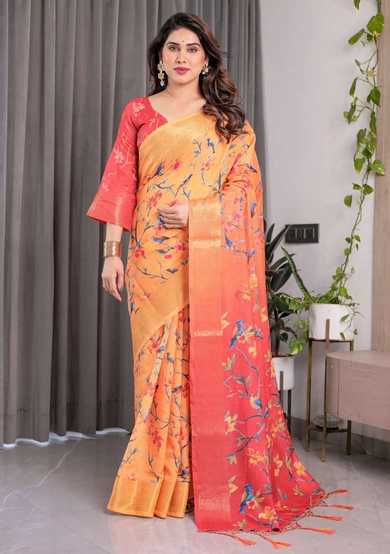 Orange Embroidered Linen Saree Set - Indya