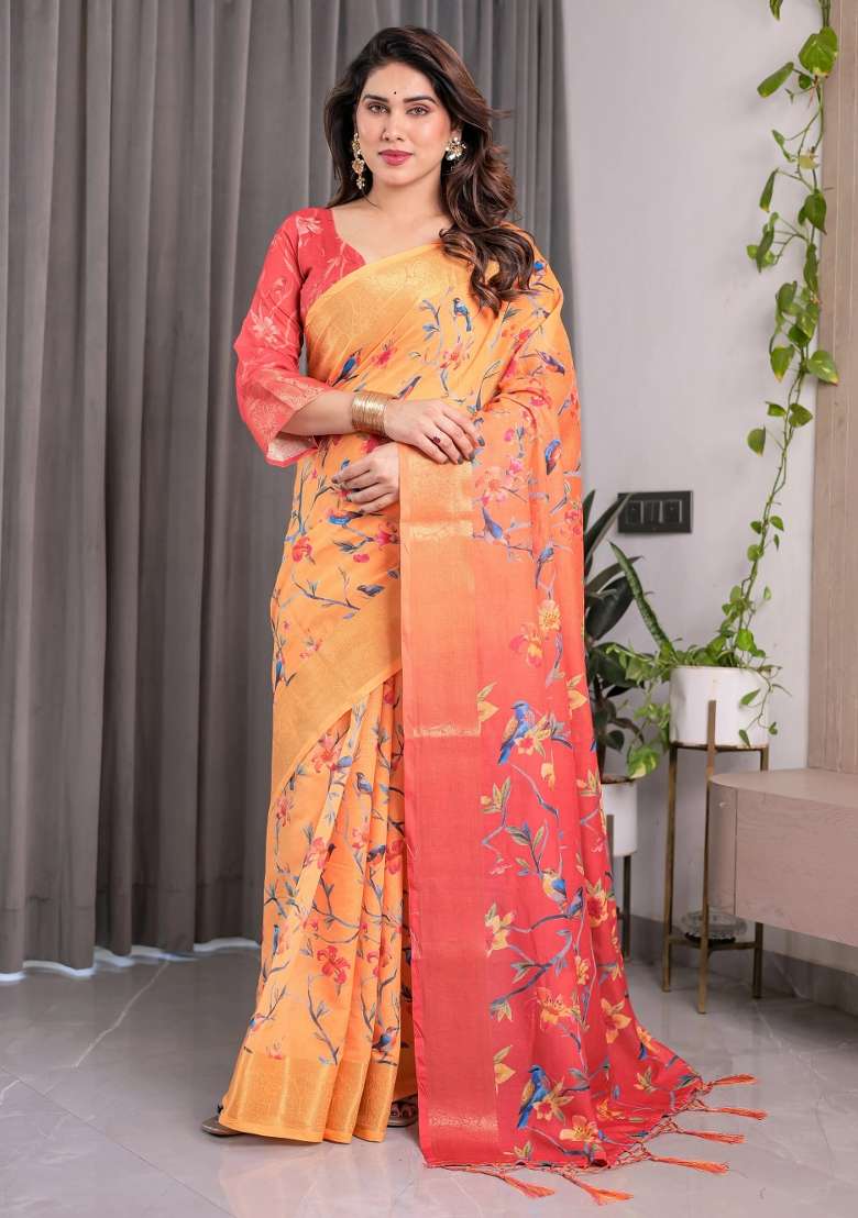 Orange Embroidered Linen Saree Set - Indya