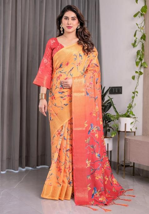 Orange Embroidered Linen Saree Set