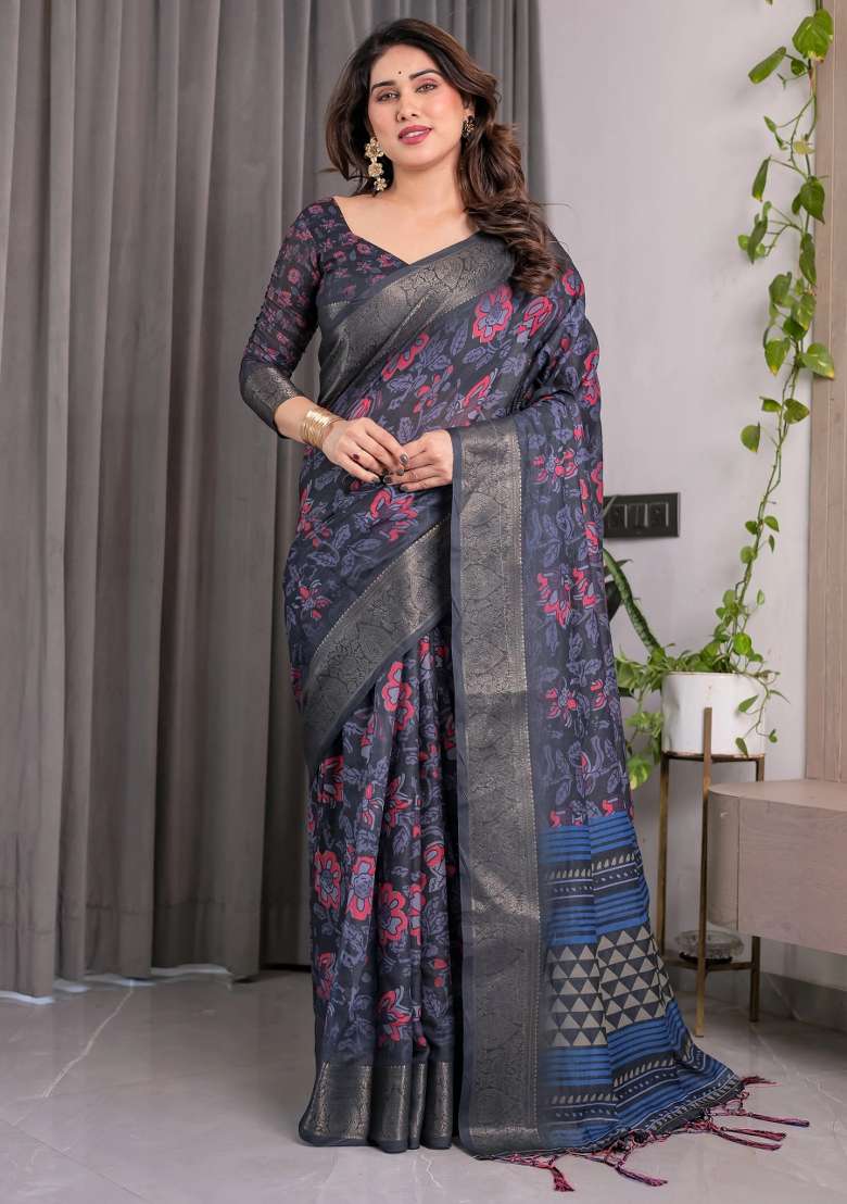Blue Embroidered Linen Saree Set - Indya