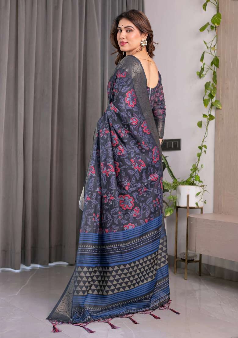 Blue Embroidered Linen Saree Set - Indya