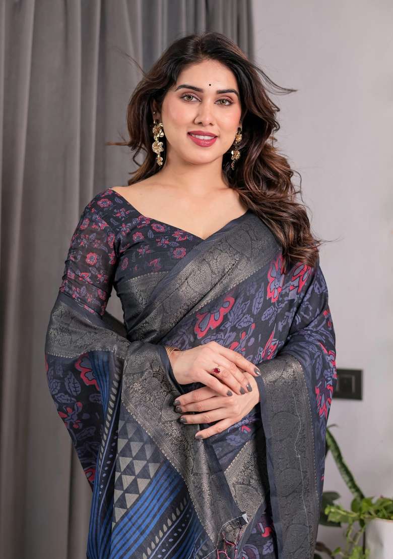 Blue Embroidered Linen Saree Set - Indya