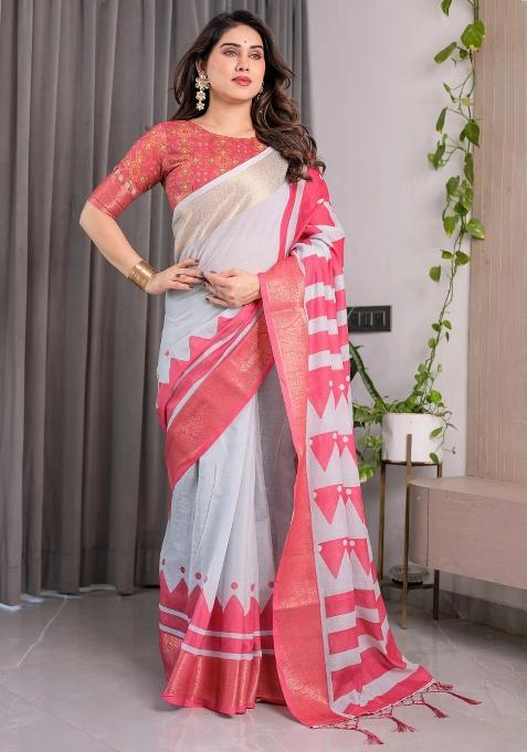 Pink Embroidered Linen Saree Set