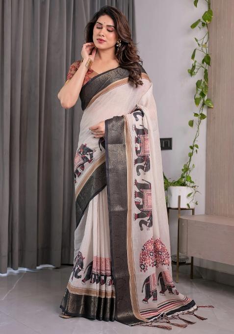 Ivory Embroidered Linen Saree Set