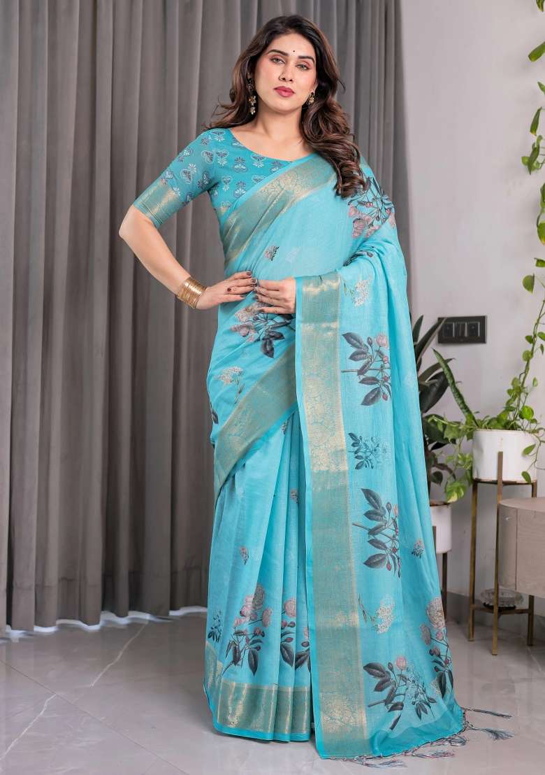 Blue Embroidered Linen Saree Set - Indya