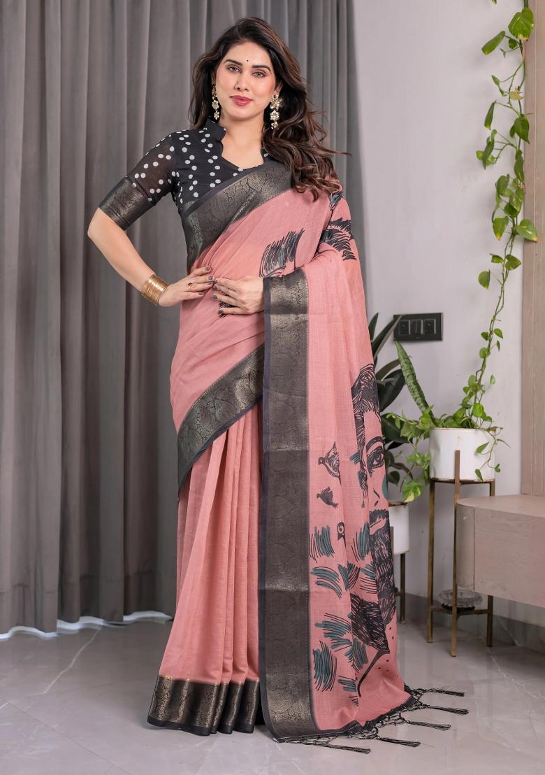 Pink Embroidered Linen Saree Set