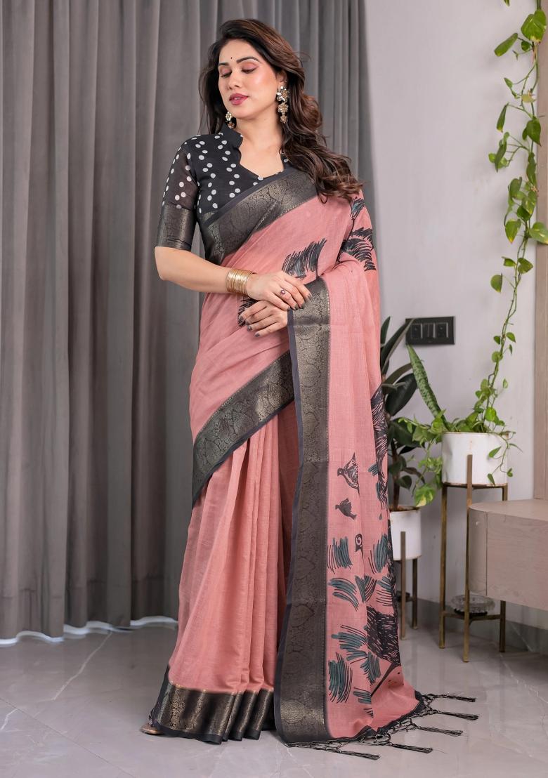 Pink Embroidered Linen Saree Set