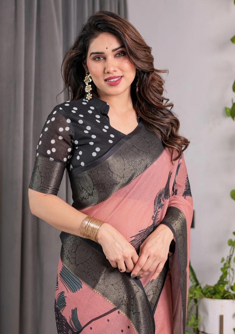 Pink Embroidered Linen Saree Set