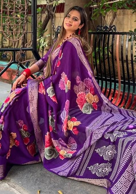 Purple Floral Tussar Saree Set