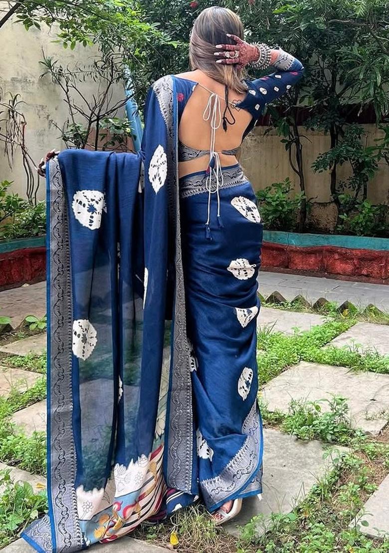 Blue Floral Tussar Saree Set - Indya