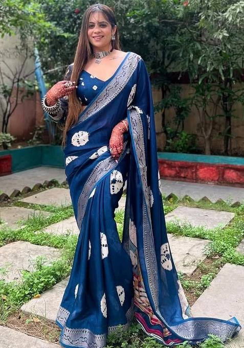 Blue Floral Tussar Saree Set