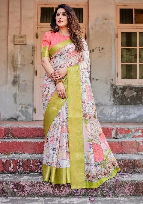 Pastel Floral Tussar Saree Set