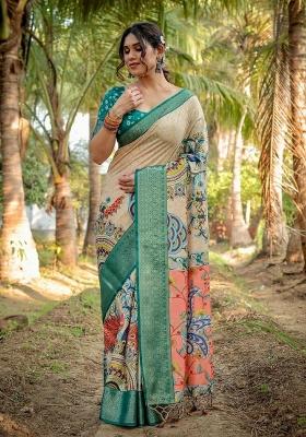 Beige Floral Tussar Saree Set