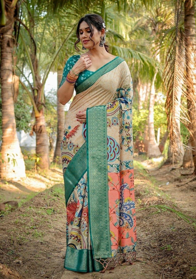 Beige Floral Tussar Saree Set