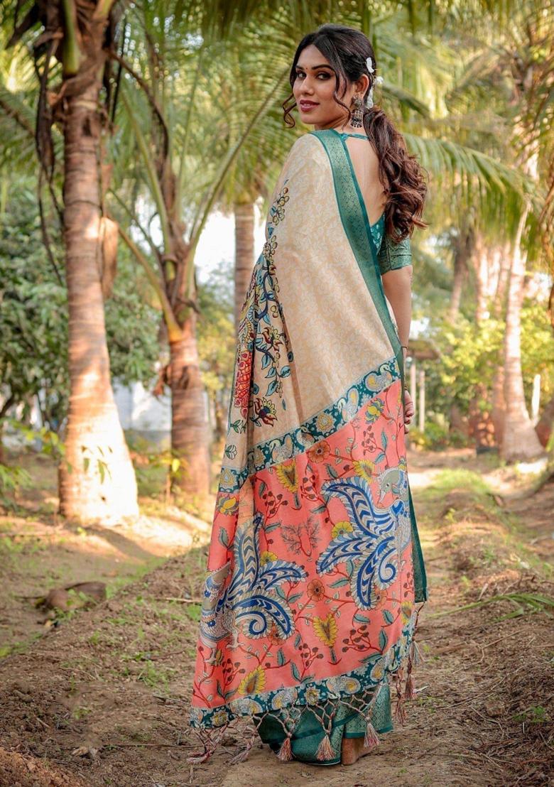 Beige Floral Tussar Saree Set