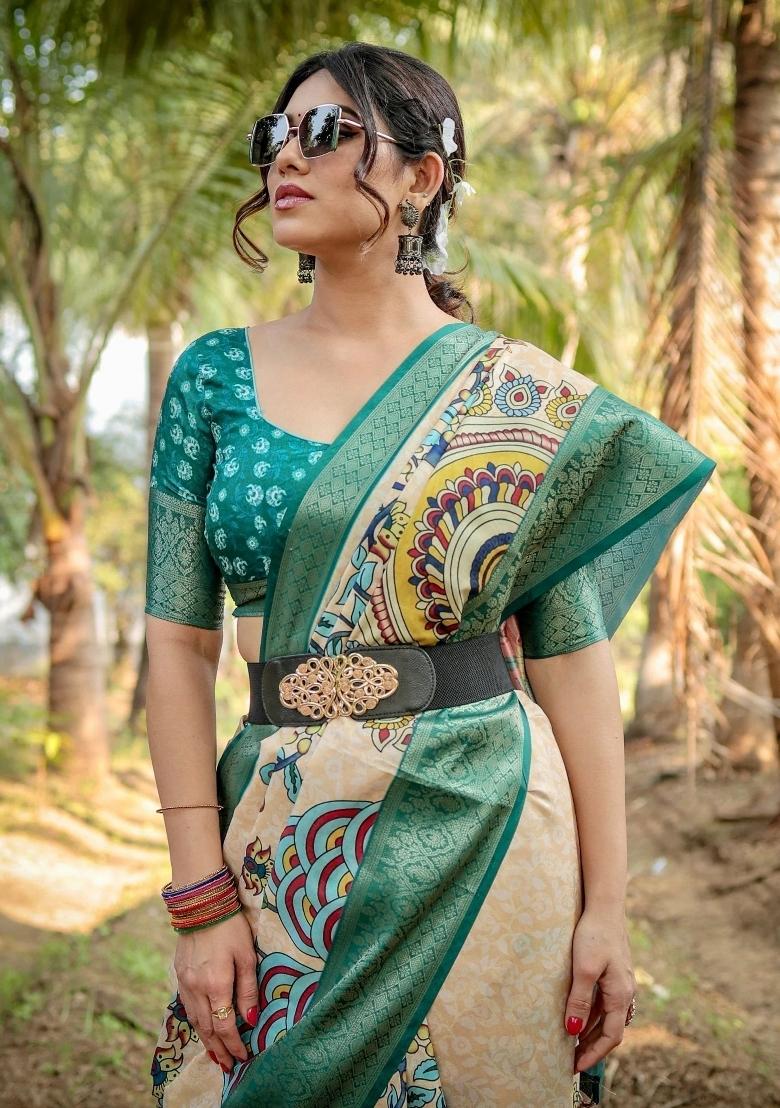 Beige Floral Tussar Saree Set