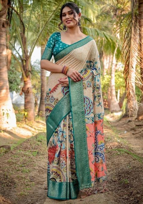 Beige Floral Tussar Saree Set