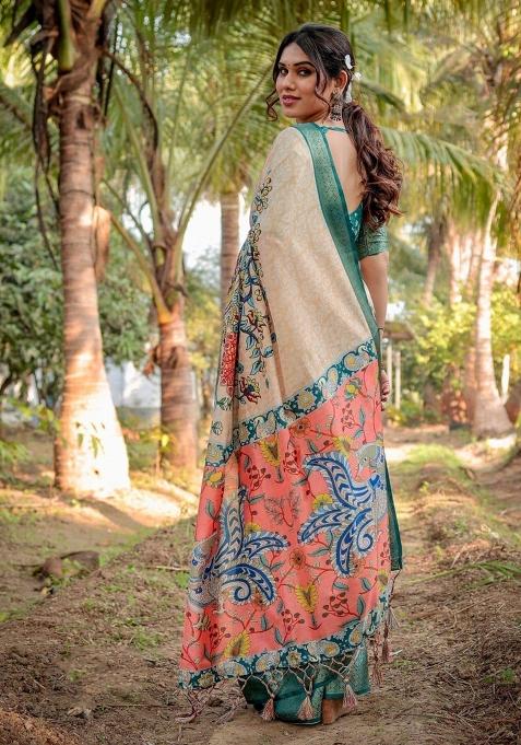 Beige Floral Tussar Saree Set