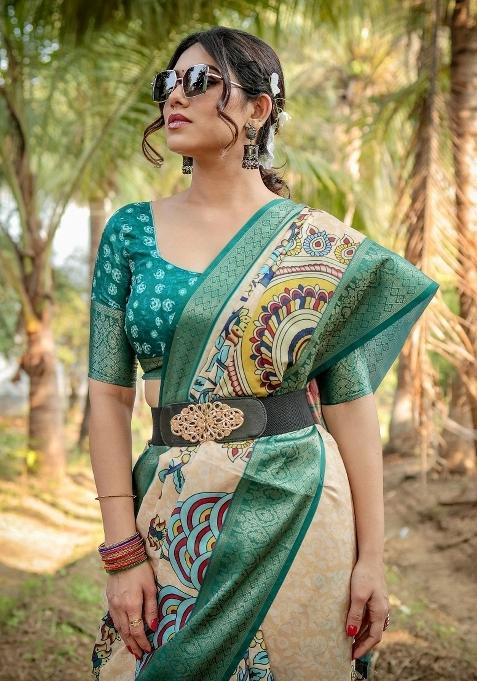 Beige Floral Tussar Saree Set