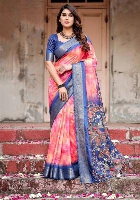 Pink Floral Tussar Saree Set