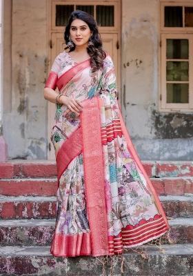Pink Floral Tussar Saree Set