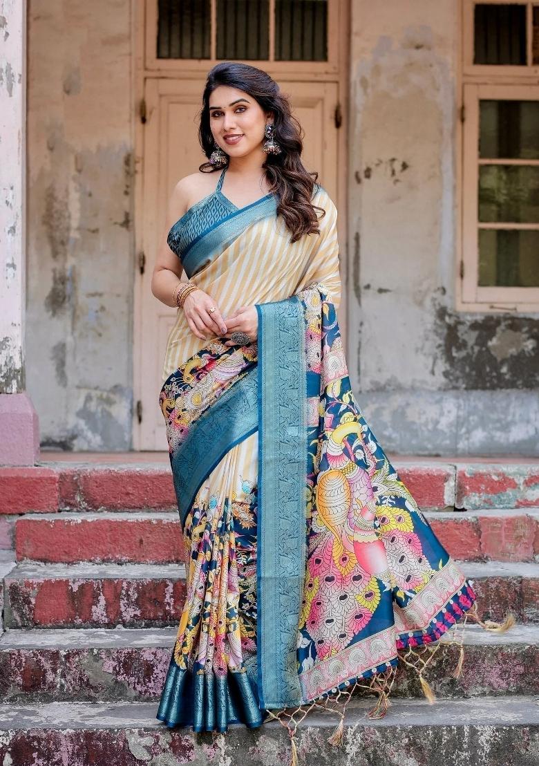 Teal Floral Tussar Saree Set