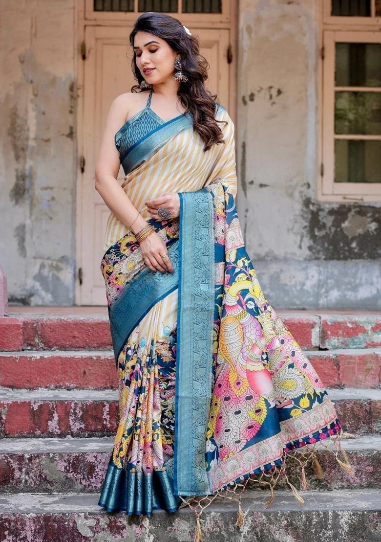 Teal Floral Tussar Saree Set