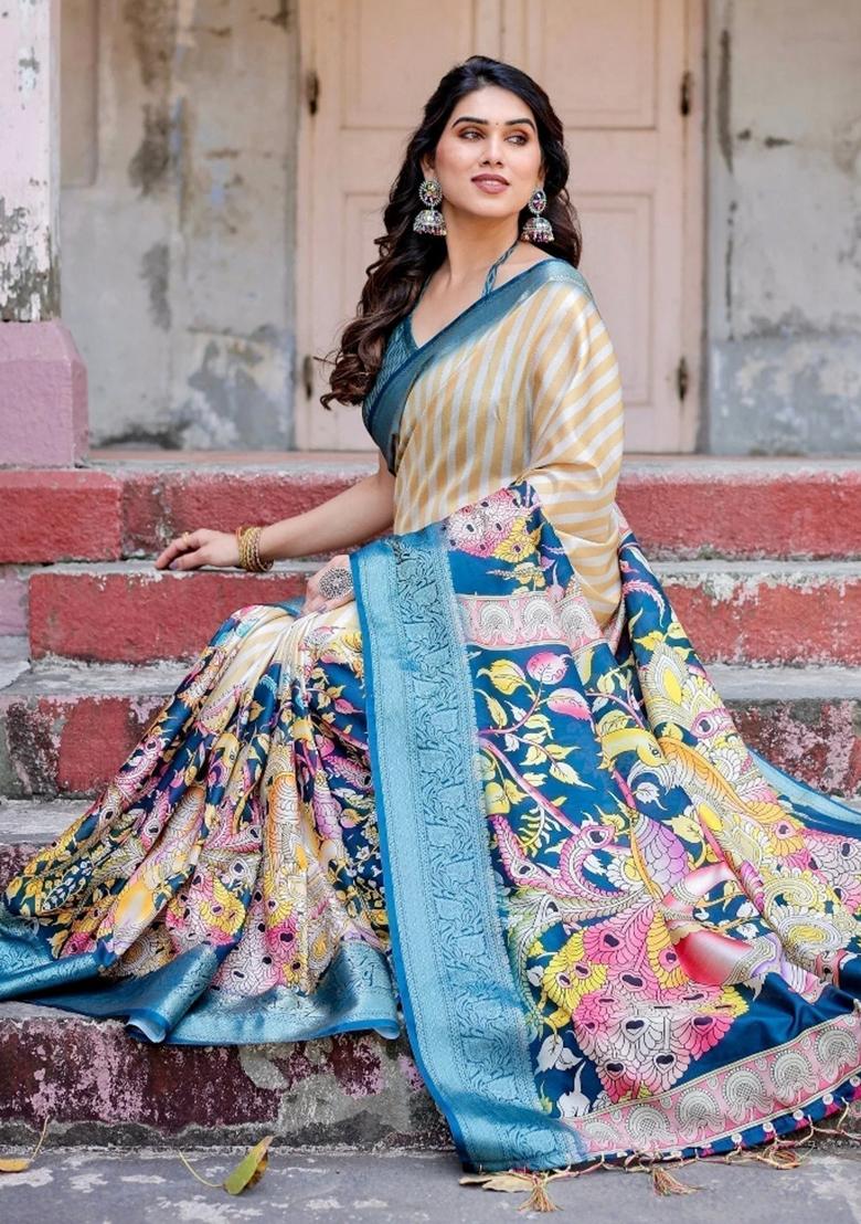 Teal Floral Tussar Saree Set