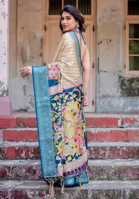 Teal Floral Tussar Saree Set