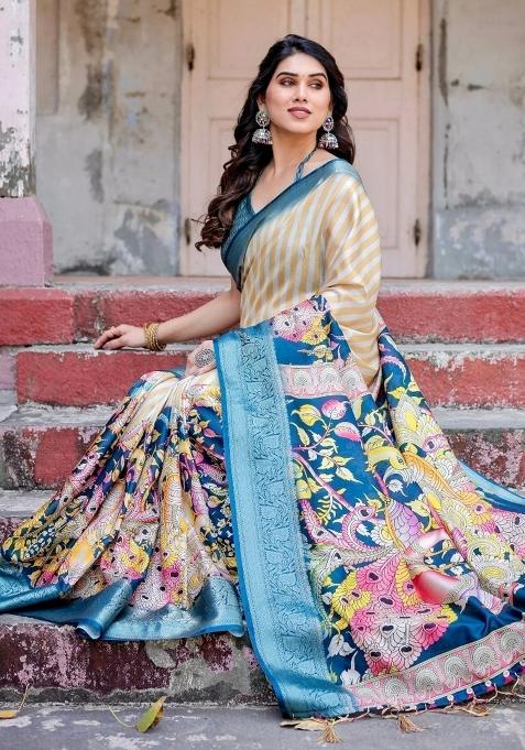 Teal Floral Tussar Saree Set