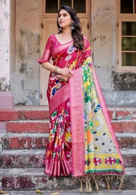 Magenta Floral Tussar Saree Set