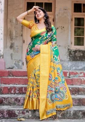 Yellow Floral Tussar Saree Set