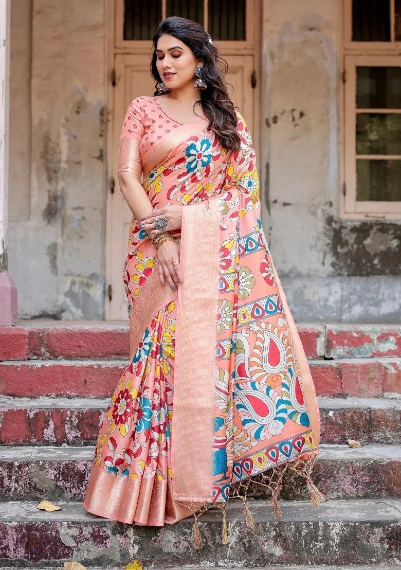 Peach Floral Tussar Saree Set - Indya