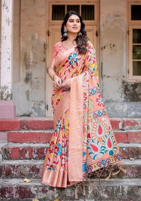Peach Floral Tussar Saree Set