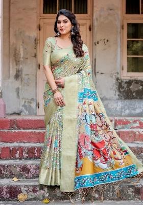 Green Floral Tussar Saree Set