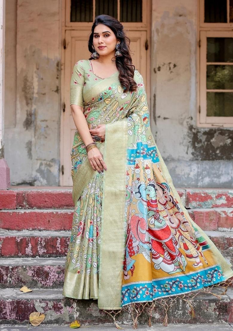 Green Floral Tussar Saree Set