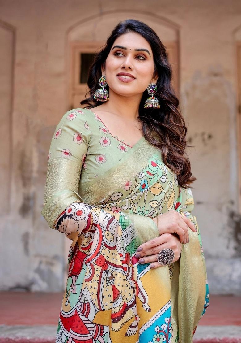 Green Floral Tussar Saree Set