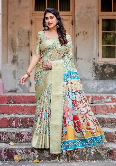 Green Floral Tussar Saree Set