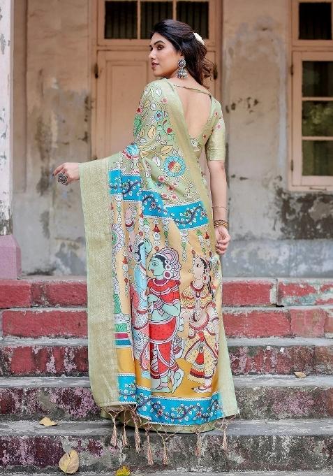 Green Floral Tussar Saree Set